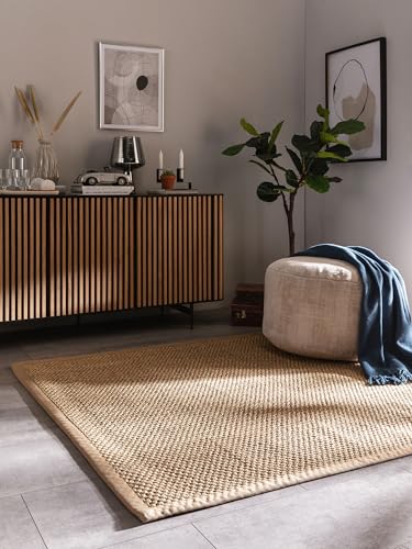 Benuta Greta Tapis en sisal pur - Crème 150x150 cm - 100% sisal - Bordure, uni, vie naturelle - Scandi Living - Facile d'entretien