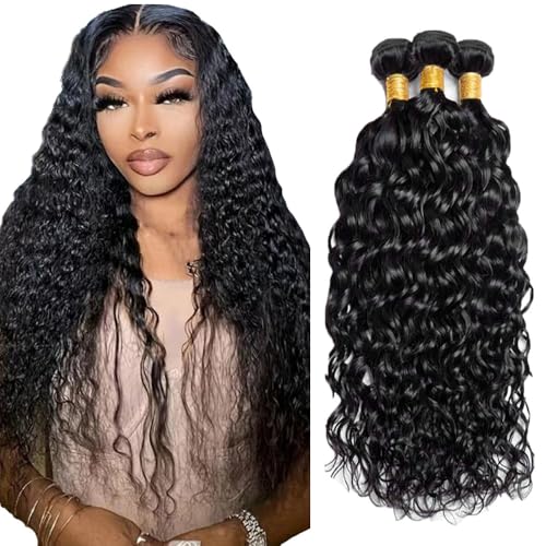 AuokMar Bundle - Extensiones de cabello humano brasileño, cabello humano natural, color negro, doble trama, ondulado, ondulado, cabello humano, 50 g/paquete, 3 paquetes, 28, 28, 28 pulgadas