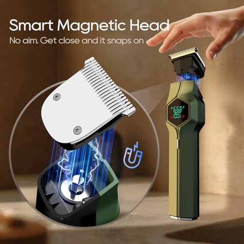Image of Beard Trimmer for Men, Magnetic Snap-on Replacement Heads & Charging Dock, IPX7 Waterproof Cordless Hair Clippers, Mens Grooming Kits for Mustache /Body /Face /Ear /Nose, Olive Green