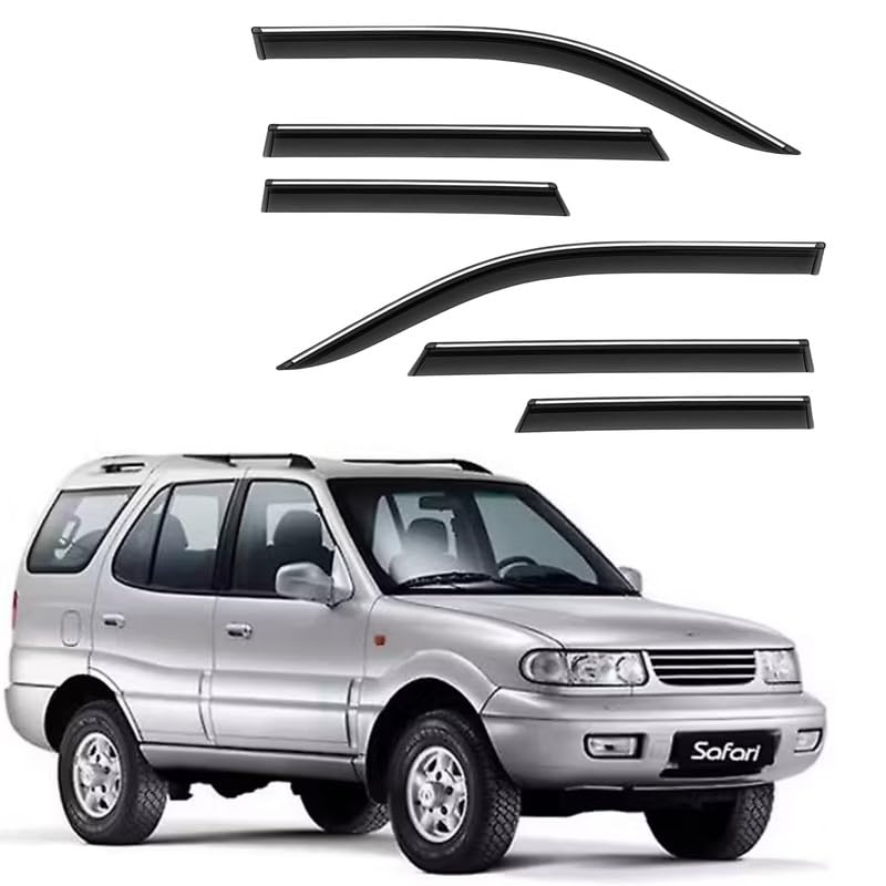 Image of CAR SAAZ Side Door Visors for Safari Dicor (2005-2017) (Set of 6Pcs) | Chrome Lined Rain Guards, Polycarbonate, Smoke Finish