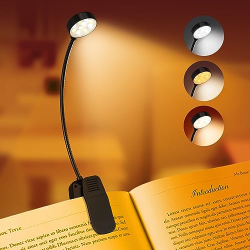 KTEBO Rechargeable Book Reading Light Lamp, LED Book Light for Reading in Bed - Eye Caring Adjustable Brightness 3 Color Temperatures 20+ Hours Runtime, Type-C Book Light Clip on (Black)