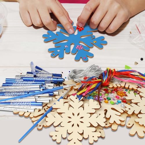 WEDNOK 12 Stück Schneeflocke Windspiel Bastelset Holz Schneekristall Basteln Kinder Schneeflocke Bastelhandwerk zum Bemalen Eiskristalle Kreativsets für Mädchen Jungen Weihnachten Winter