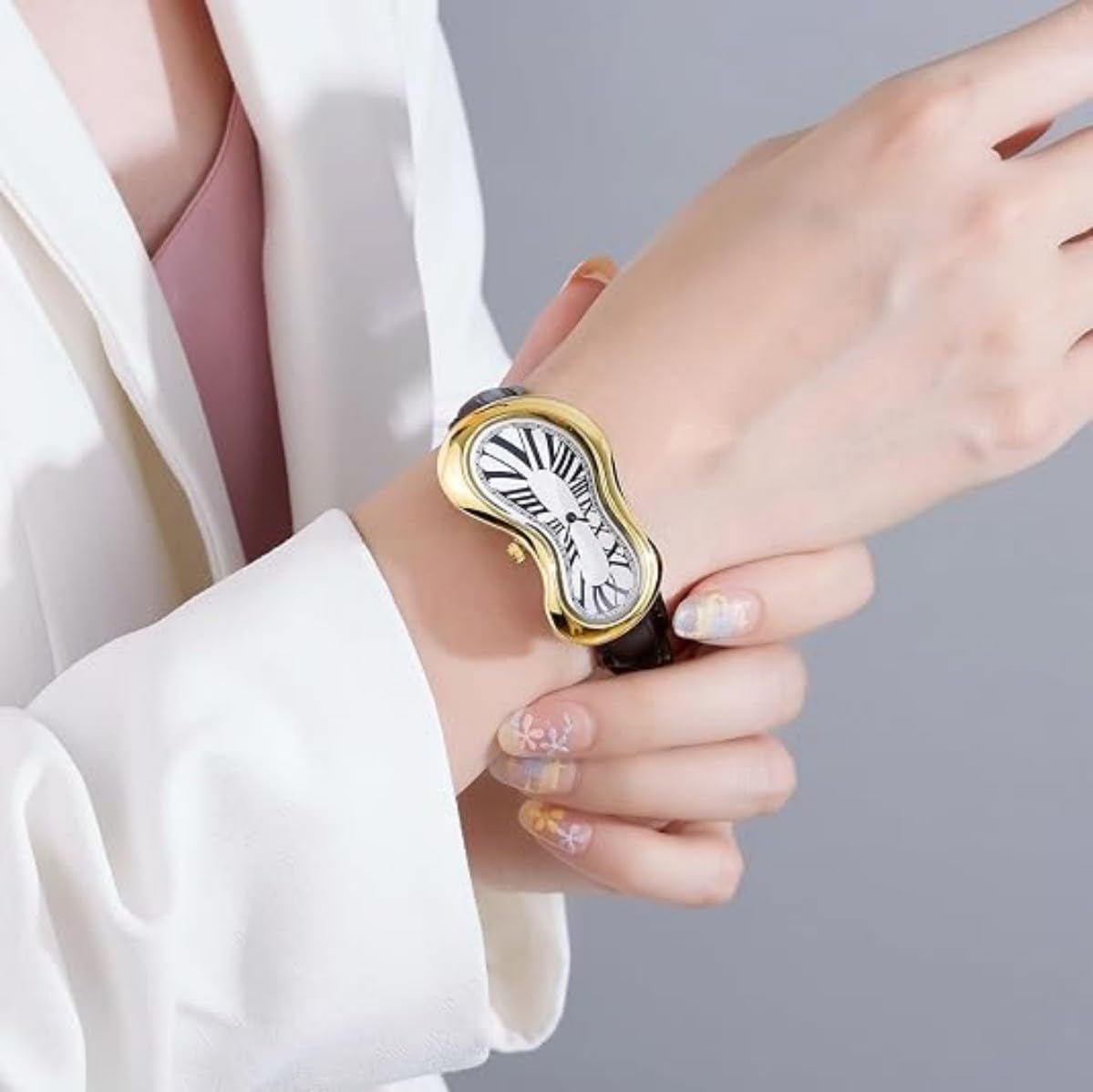 PINTIME Melting Art - Reloj de pulsera de acero inoxidable, reloj surrealista para hombre con números romanos, diseño único de esfera distorsionada, reloj de vestir casual de negocios