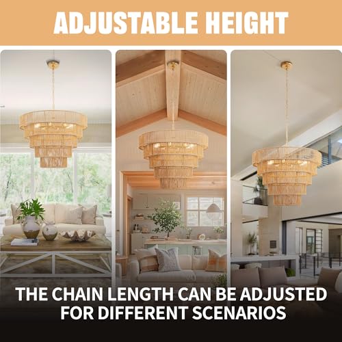 DORESshop 8-Light Boho Rattan Chandelier for Dining Room, 5-Tier Hand-Woven Brown Farmhouse Chandelier, Adjustable Height, Wicker Rattan Chandelier for Dining Room, Kitchen Island, Living Room, 25.6