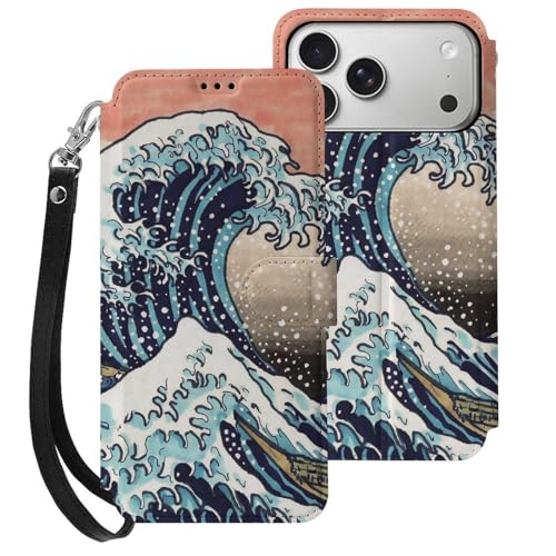 iPhone17 Pro Max用ケース 手帳型 葛飾北斎 富嶽三十六景 神奈川沖浪裏 アイフォン17 Pro Max用ケース 財布型 スマホケース PUレザー おしゃれ カード収納 スタンド機能 携帯カバー 耐衝撃 2025年新型