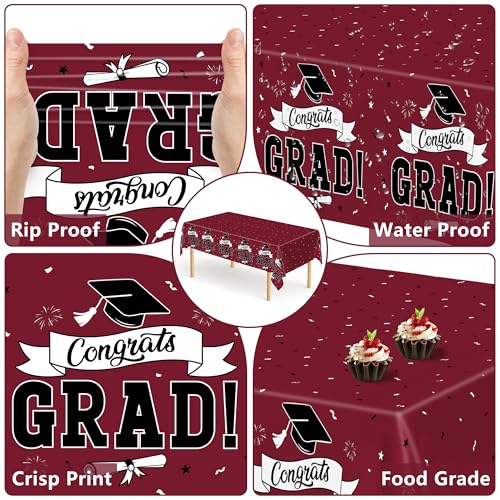 Image of 2Pcs Graduation Decorations 2026, 108 inch X 54 inch Maroon Graduation Tablecloths, Rectangle Table Covers for Class of 2026 Congrats Grad, Disposable Plastic Tablecover for Grad Decor Party Supplies for Kids