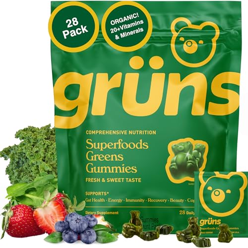 gruns adults super greens multivitamin gummies superfood vitamin gummy bears with spirulina chlorella prebiotic fiber for digestive health adaptogens supplement 20 vitamins amp minerals 28 count