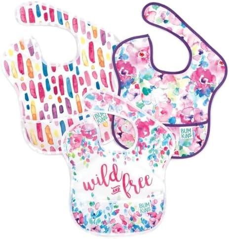 Bumkins Bibs for Girl or Boy, SuperBib Baby and Toddler for 6-24 Months, Essential Must Have for Eating, Feeding, Baby Led Weaning Supplies, Mess Saving Catch Food, Fabric 3-pk Wild and Free