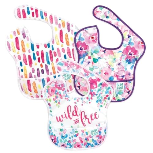 Image of Bumkins Bibs for Girl or Boy, SuperBib Baby and Toddler for 6-24 Months, Essential Must Have for Eating, Feeding, Baby Led Weaning Supplies, Mess Saving Catch Food, Fabric 3-pk Wild and Free