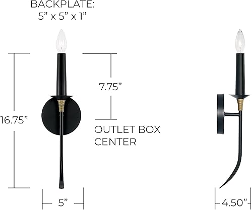 Miniatura 2 de Capital Lighting 645611KB Amara - Aplique de pared con vela de transición, 1 luz de 60 vatios, 17 pulgadas de alto x 5 pulgadas de ancho, negro mate