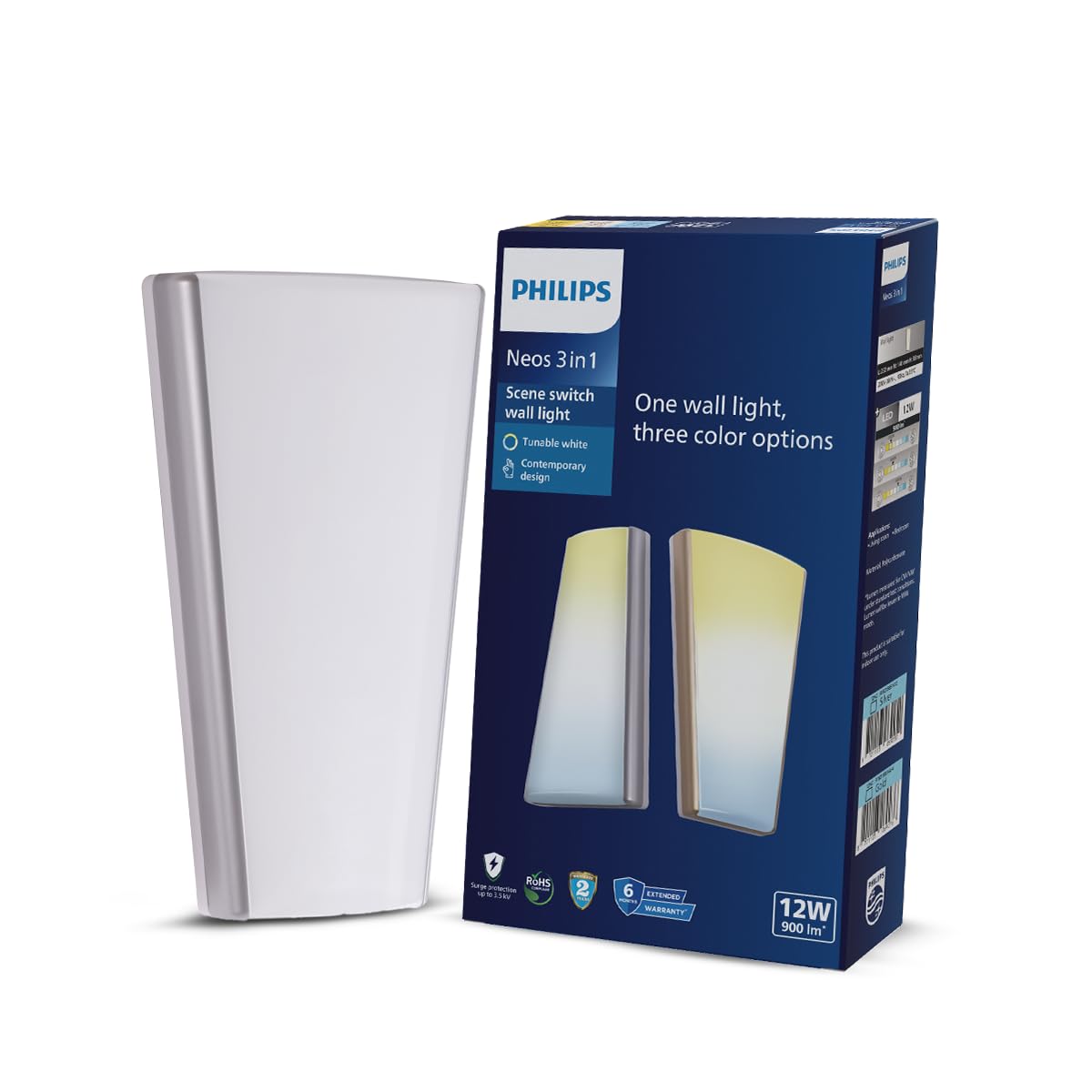 PHILIPS 12W 3 Colours in 1 Decorative Wall Light | Neos Silver Scene Switch Wall Light for Decoration | Colour : Tunable White, Pack of 1