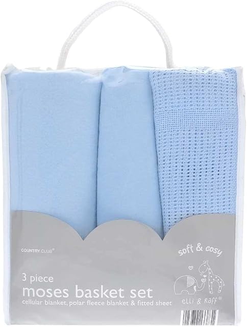 COUNTRY CLUB Soft and Cosy 3 Piece Baby Moses Basket Blanket Set - Blue