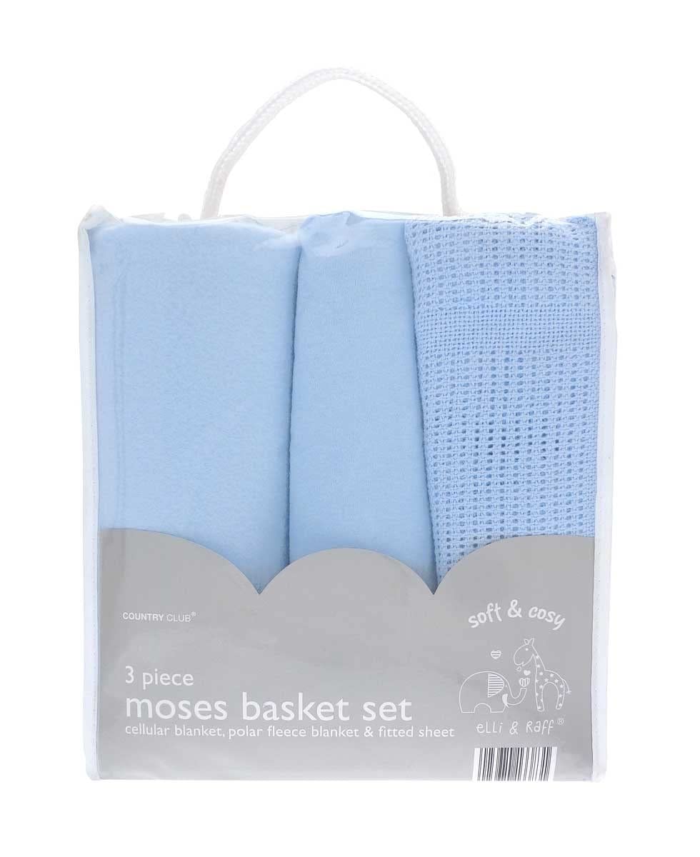 Blue Baby Moses Basket Set 3 Piece Starter Pack, Cellular Blanket - Country Club