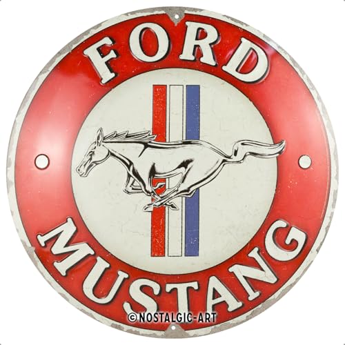 Nostalgic-Art Retro Blechschild, Ø 35 cm, Ford Mustang – 3 Stripes Red – Geschenk-Idee für Ford-Zubehör Fans, Original Lizenzprodukt (OLP), aus Metall, Vintage Design, Blechschilder Sprüche