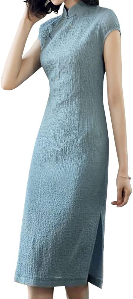 Women's Vintage Cheongsam Costume Short Sleeve Mandarin Collar Chinese Traditional Side Slit Qipao Bodycon Dress