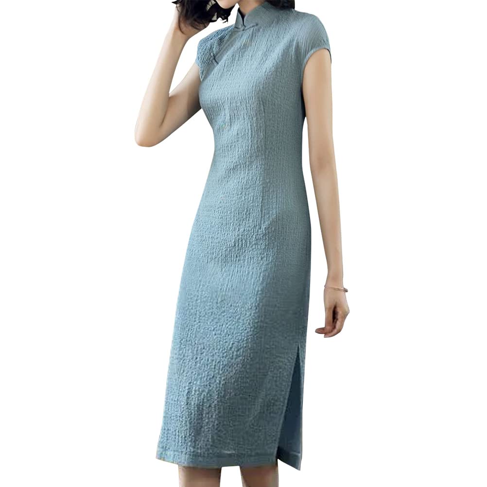 GenericWomen's Vintage Cheongsam Costume Short Sleeve Mandarin Collar Chinese Traditional Side Slit Qipao Bodycon Dress
