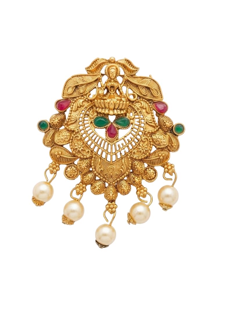 Architha creations,1 pcs Traditional Gold-Toned Lakshmi Temple Pendant with Ruby, Emerald Stones and Pearl Drops,for jewellery making,aari work,blouse stitching,attached holes,easy to use-image-16