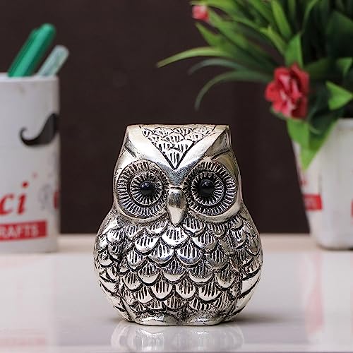 Image of Vintage Metal Owl Showpiece and Paper Weight Metal Handicraft Idol for Home Decor (Silver)