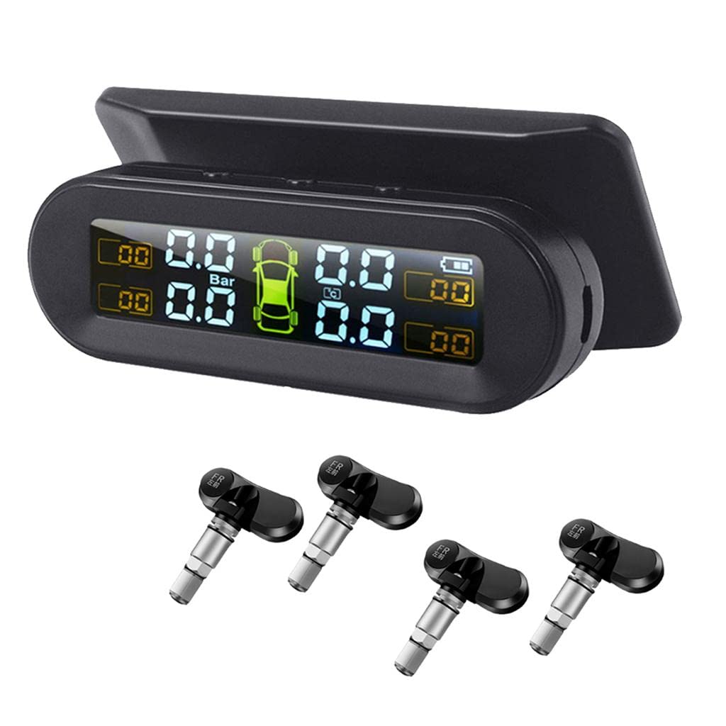 Sistema de monitoreo de presión de neumáticos para automóviles Medidor de presión de neumáticos Solar - 4 sensores externos Pantalla LCD para RV, MPV, SUV, sedán, Negro, sensores internos