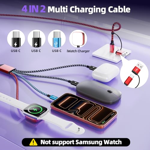 Image of Travel Essentials 4in2 Multi Charging Cable for iPhone Watch Charger,USB A /C to 3 Type C /iWatch Charger,Charging Cables for Multiple Devices Compatible with iWatch 11-1 /Ultra /SE&iPhone 17-12 5FT