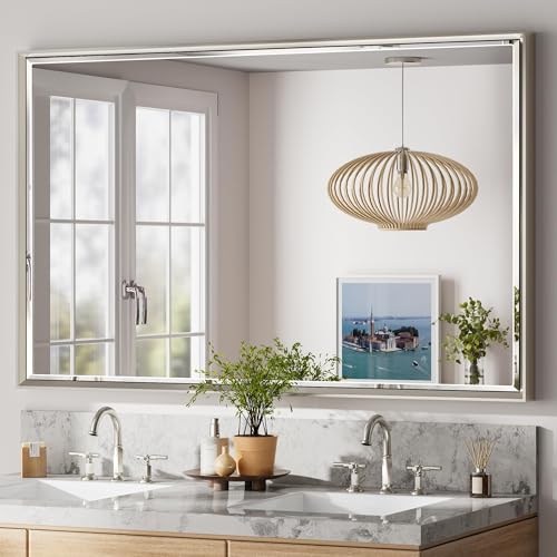 48'' x 30'' Brushed Nickel Framed Beveled Bathroom Mirror, Shatterproof Rectangle Brushed Nickel Frame Mirror, Anti-Rust Vertical/Horizontal Wall-Mounted Mirrors