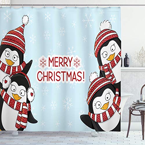 Ambesonne Christmas Shower Curtain, New Year Words Penguins with Hats and Scarf Snowflakes Theme, Cloth Fabric Bathroom Decor Set with Hooks, 69