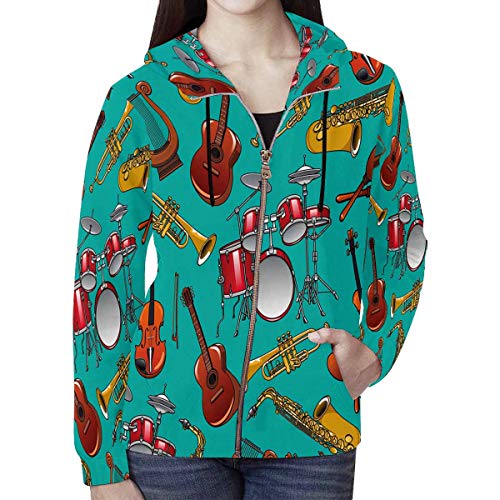 INTERESTPRINT Women\'s Musical Instruments on Turquoise Background with Drum Set, Guitar, Trumpet, Saxophone, Violin, Lyre Zipper Hoodies Sweatshirt XXL