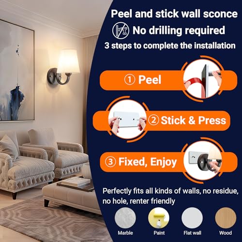 Image of YHCDLAMP Peel and Stick Wall Sconces, No Drilling Stick On Wall Sconce, Wireless Battery Operated Wall Lights, Adhesive Wall Lamp with 10000mAh Battery Bulb for Bedroom Living Room Decor
