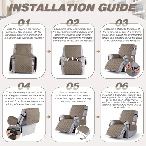 Image of TAOCOCO 100% Waterproof Recliner Covers, Recliner Sofa Covers with Leg Straps, Reversible Recliner Couch Cover for Reclining Chair, Washable Couch Protector for Pets Kids(1 Seater 22 inch, Taupe)