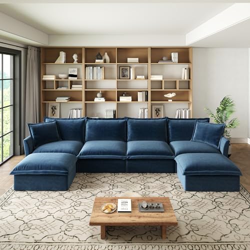 Slipcovered U-Shaped Sectional Sofa, 4-Seater, Blue, 156.6