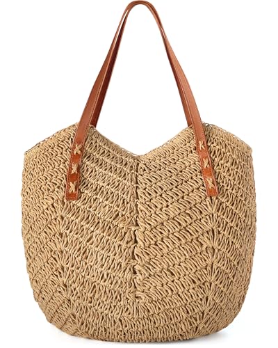 Loiyadn Bolsas de praia femininas - Bolsa de palha com zíper, bolsa de praia de tecido macio, bolsa de ombro casual de palha para uso diário, Cáqui macio, Large