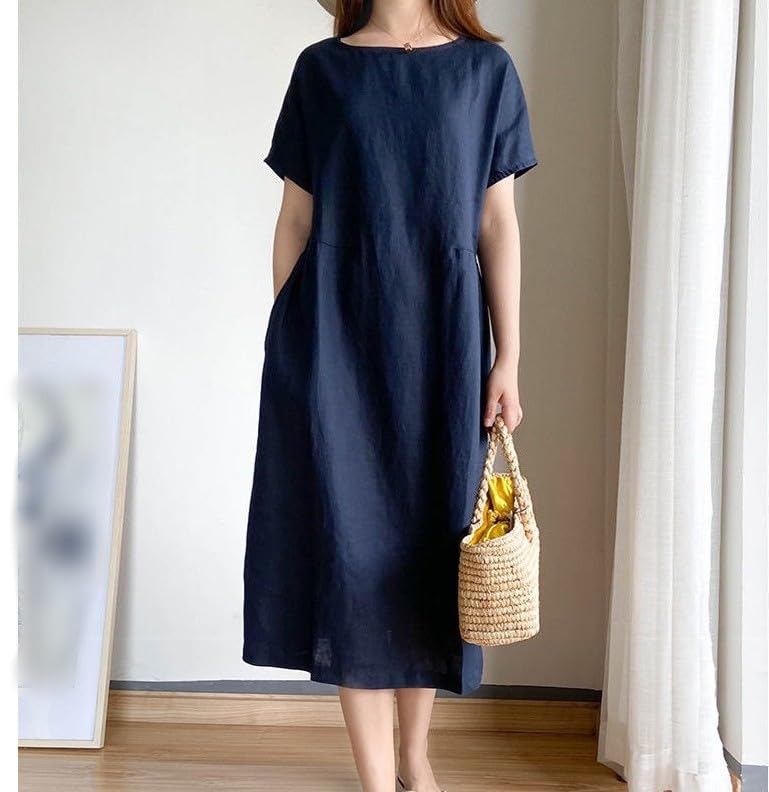 Robe mi-longue en coton frais et lin ample avec poches pratiques