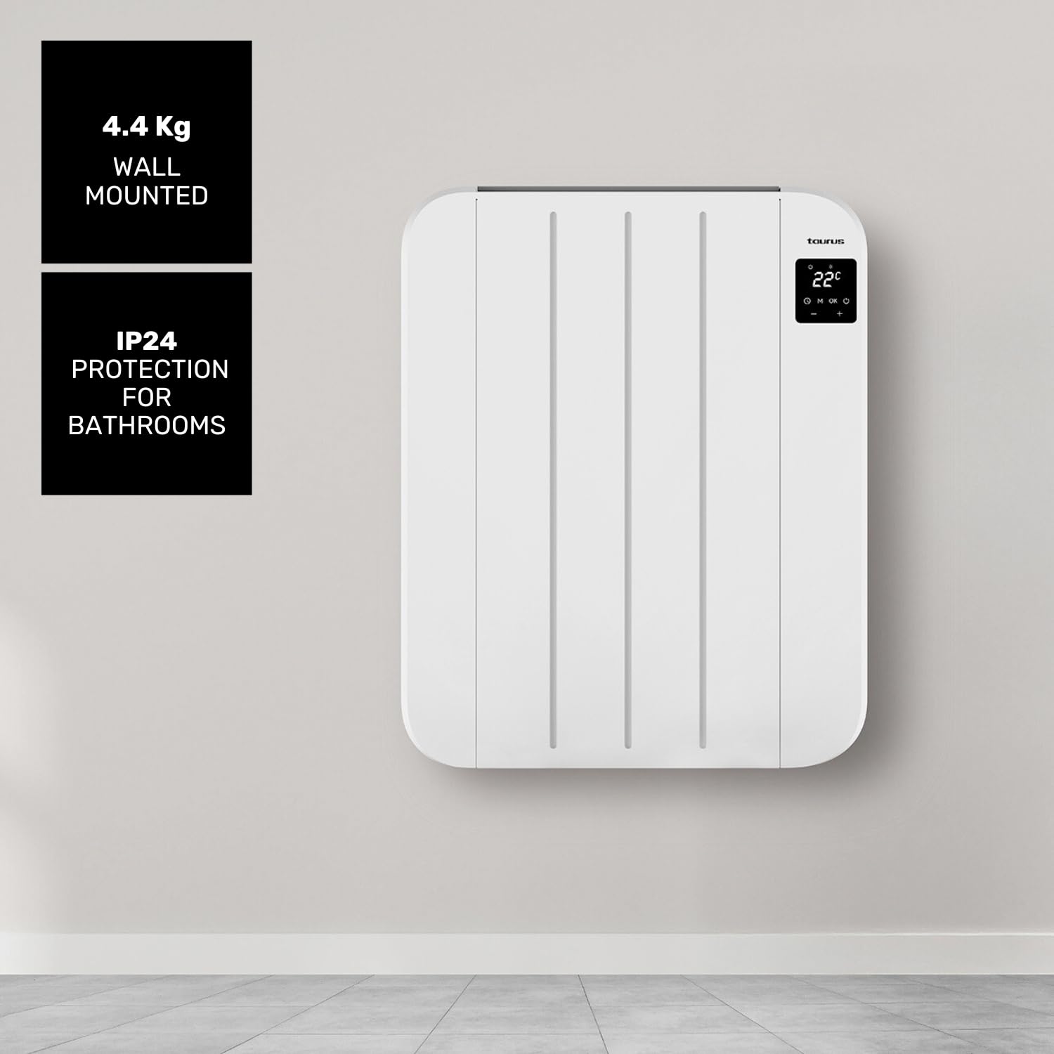 Taurus - Radiador Eléctrico Nepal 1000, 1000W, Bajo Consumo, 4 Elementos, 4 Modos, Termostato Regulable, Temporizador, Protección Sobrecalentamiento, Pantalla LCD, Silencioso, Pared o Pie