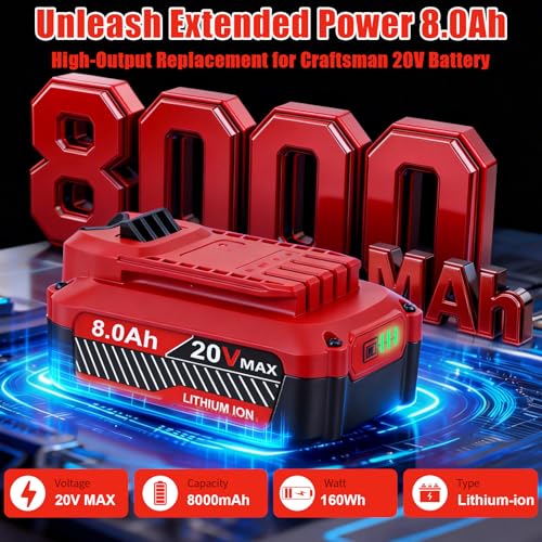 Image of SANIU 20V 8.0Ah Replacement for Craftsman 20V Battery V20 Lithium ion Batteries Compatible with CMCB205 CMCB204 CMCB206 CMCB202 CMCB201 20V Cordless Power Tools (8.0AH, 2 Piece)
