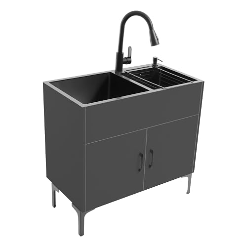 Freestanding Kitchen Sink Cabinet, Durable Wood Storage & Swivel Pull-Down