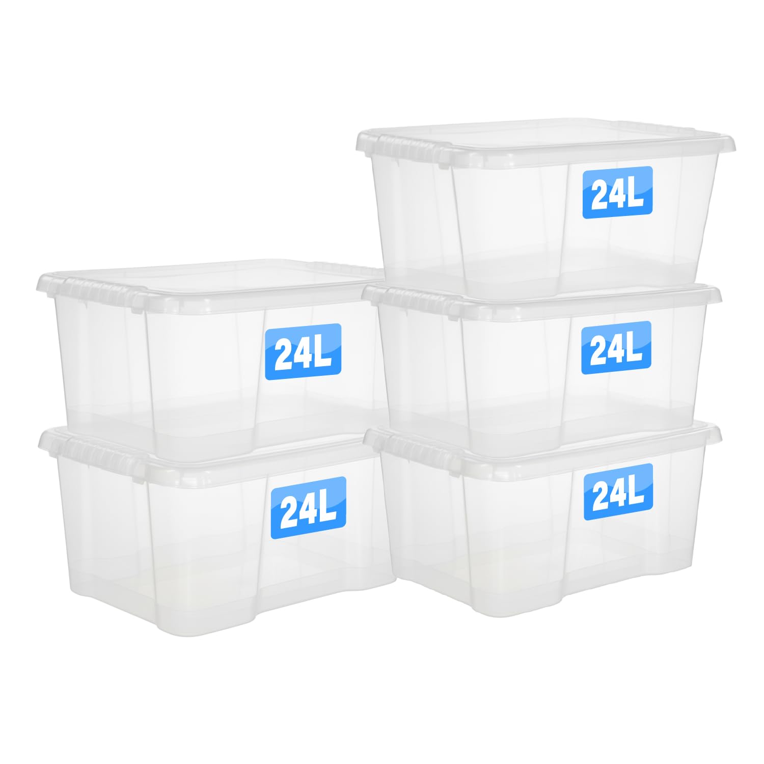 FINE STAR Set of 5 Crystal Clear Plastic Storage Box Boxes With Lids UK BRITISH MADE Home Office Stackable Nestable Shoe Boxes (24 LITRE)