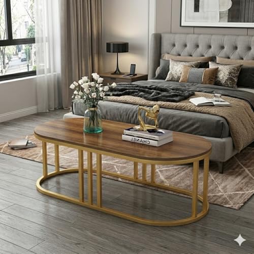 Image of Modern Oval Marble Finish Coffee Table with Metal Frame, Luxury Center Table for Living Room, Contemporary Tea Table for Home, Office Reception Table, Space Saving (Golden Brown)