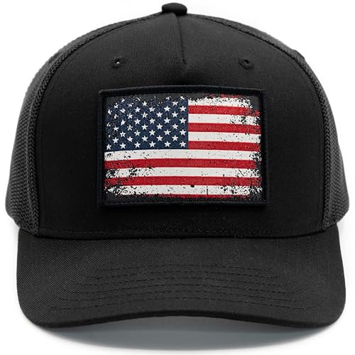 Image of MASHBILL Trucker Hat with Distressed American Flag Patch - Adjustable Snapback Patriotic Cap for Men Women