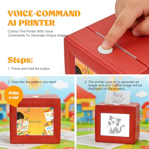 Image of AI Voice Activated Sticker Printer, Smart Portable Thermal Sticker Maker Toy with Voice-to-Image Generation, 3 Paper Rolls and 5 Coloring Markers