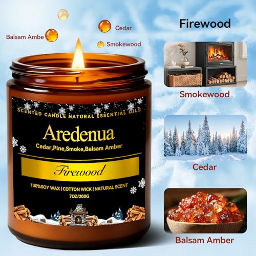 Image of Firewood Scented Candle | Smoky Wood Scent 7oz Soy Candles for Home Cozy Scented, Holiday Aromatherapy Candles | Candle Gifts for Women Men - 50H Clean & Long Lasting Burn
