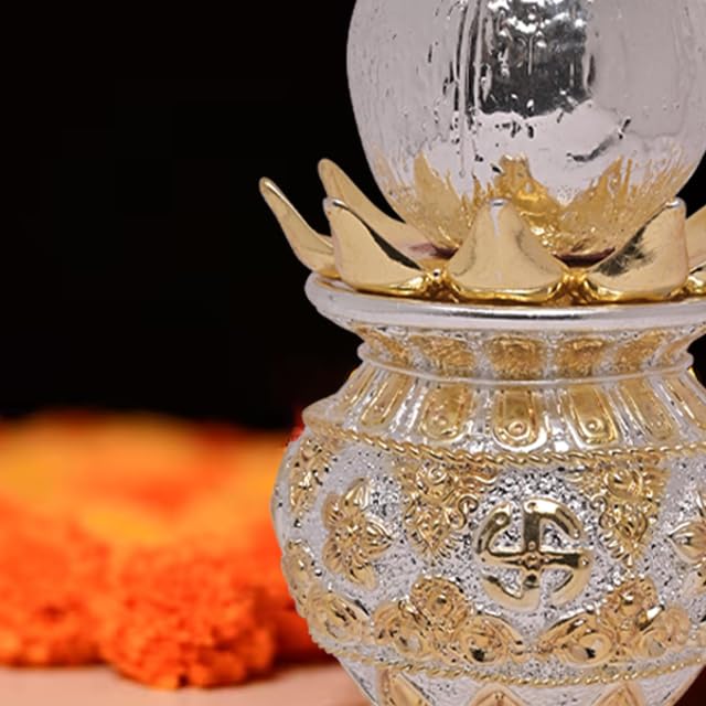 Image of Diviniti 999 Silver Plated Double Tone Kalash With Coconut for Grah Parvesh, Good Luck, Mandir, Temple, Wisdom, Pooja Thali Nariyal & Lota, Home Festival, Puja Room, Shagun Luxury Gift (19x4 CM, 760g)