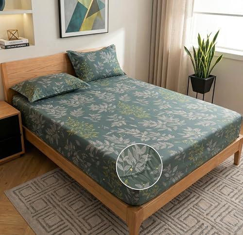 Image of VAS COLLECTIONS Cloud Cotton Corner Elastic Fitted Double Bedsheet Set (78 x 72 + 8 Inches) with 2 Pillow Covers | 160-180 TC Soft Breathable Cotton Fitted Sheet | Bed Sheet (Botanical Sage)