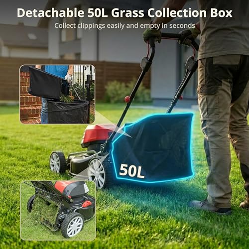 Image of Kraft Seeds 1600W Electric Lawn Mower with 16 Inch Blade (Steel Body) | Grass Cutting Machine with 50L Grass Catcher Box & Adjustable Height (7-Settings, 25mm to 80mm) for Garden, Yard, and Farm (Red)