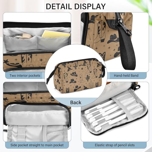 Image of Western Cowboy Brown Pencil Case Pouch Big Capacity Pencil Bag Box Organizer Pen Case with Handle Stationery Organizer for Girls Boys Women School College Office