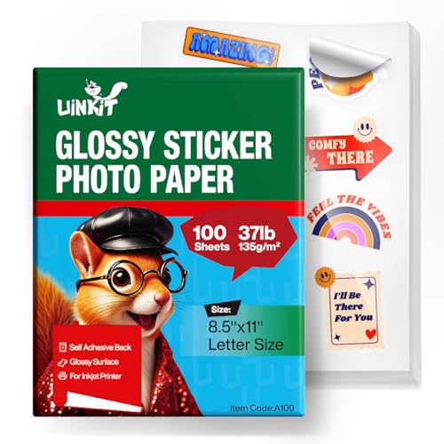 Uinkit 100 Sheets Printable Glossy Sticker Label Photo Paper Self Adhesive Sticky 8.5 x 11 6.5Mil for Dye Inkjet Printer A109 image 1