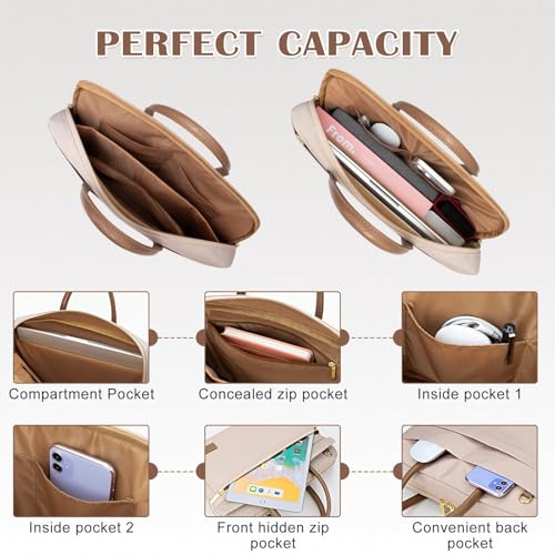 RAINYEAR 14 Inch Laptop Sleeve Shoulder Bag Compatible with 13"-14" Macbook Notebook Computer Chromebook, Polyester Messenger Bag Carrying Case Briefcase with Handle & Shoulder Strap, Light Khaki - Image 3