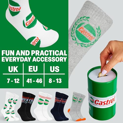 Image of Get Trend Castrol Socks for Men, Teens, 5 Pairs of Soft, Breathable, Crew Socks in Collectible Tin, Gift Set for Motorsport Fans, Gifts for Men
