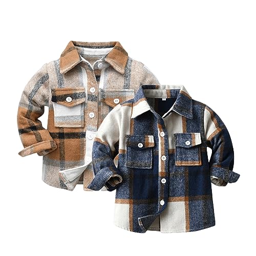 Image of Feidoog Toddler 2 Pack Baby Boys and Girls Plaid Shirts Jacket Long Sleeve Lapel Button Down Top Outwear Clothes