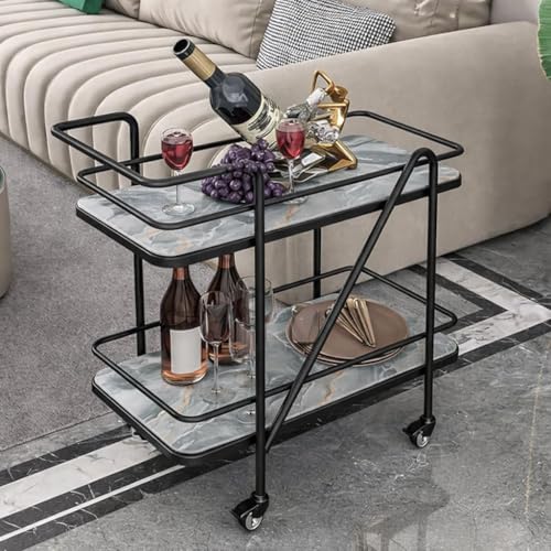 Image of Brown Art SHOPPEE 2 Tier Solid Metal Bar Trolley Serving Trolley Coffee Table Bar Trolley Serving with Wheel Home and Restaurant Mobile Cart for Food Serving Table for Living Room (Black & Grey)