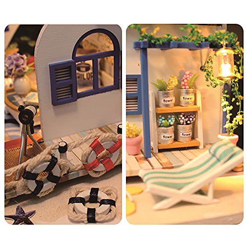 yeacher Casa de bonecas em miniatura DIY kit de casa de bonecas de madeira com móveis com luz LED mú